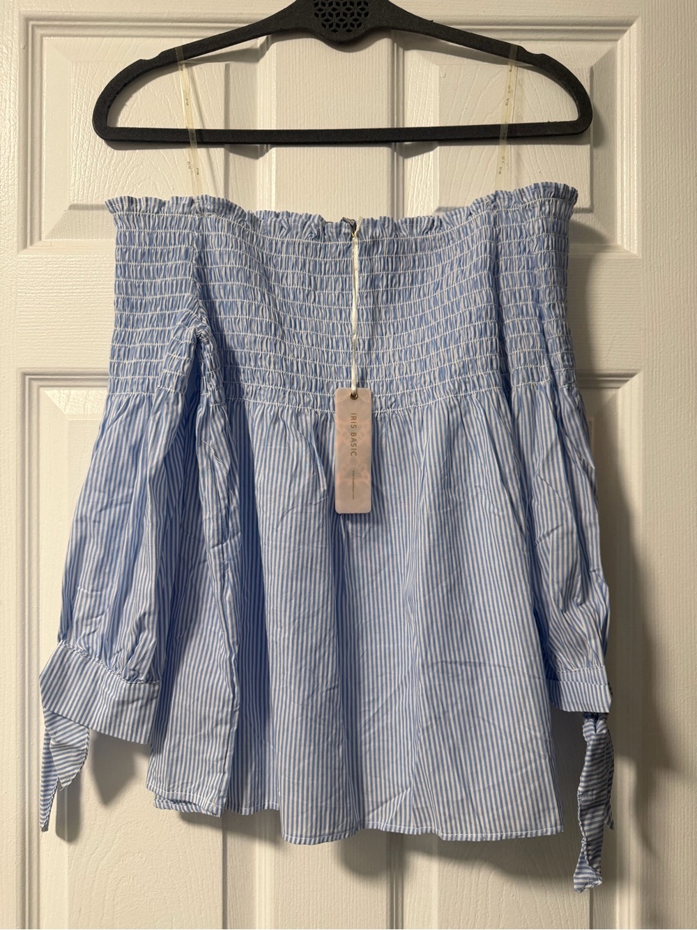 NWT Iris Basic Blue White Striped Smocked Off Shoulder Top Tie Sleeves M